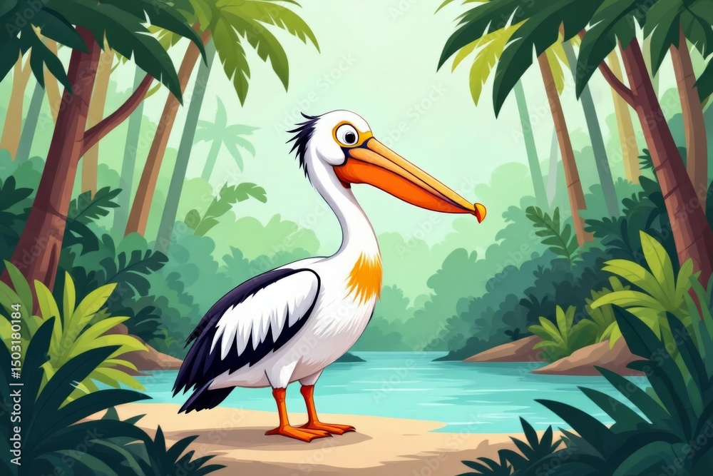 Fototapeta premium Pelican in tropical setting with long orange beak and yellow crest standing on sandy beach near blue river. Concept of pelican in tropical setting highlights vibrant animal life.