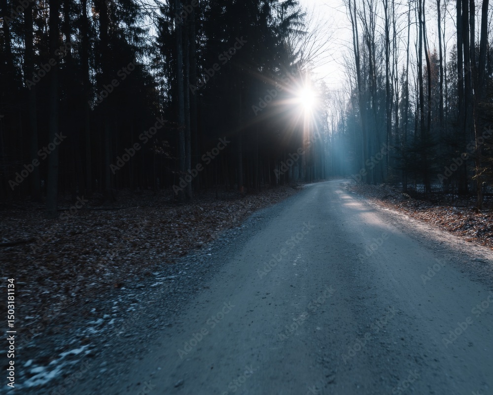 Obraz premium Sunlit pathway through a tranquil forest serene trail nature scene morning light captured perspective