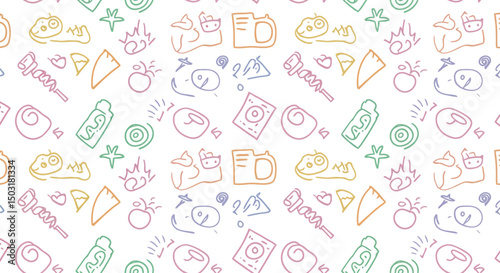 Fun colorful line doodle seamless pattern. Creative minimalist style art background for children or trendy design with basic shapes. Simple childish scribble backdrop. white background
