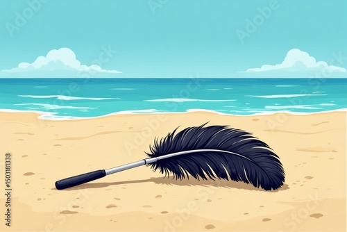 Ostrich feather duster, animal on sandy beach, clear blue sky, fluffy clouds, turquoise waves. Concept of peaceful scene featuring ostrich feather duster.