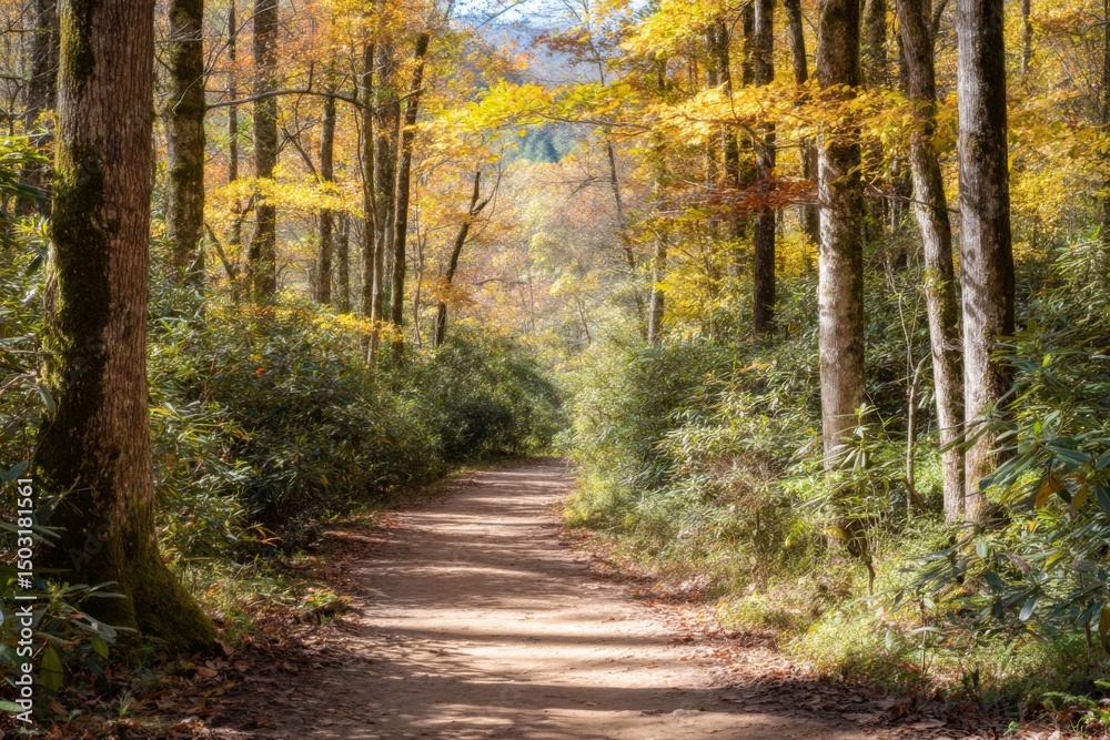 Obraz premium Autumn trail hike national forest scenic pathway wooded area ground level nature exploration