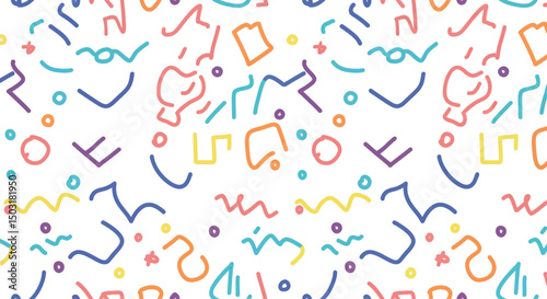 Fun colorful line doodle seamless pattern. Creative minimalist style art background for children or trendy design with basic shapes. Simple childish scribble backdrop. white background
