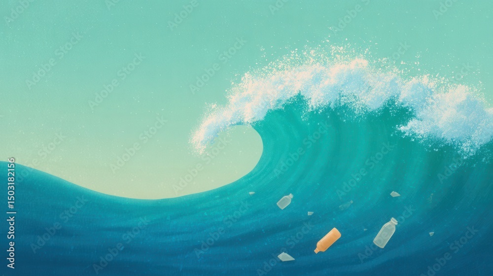 Fototapeta premium Pollution in Ocean Waves With Plastic Bottles Floating in Water Surface