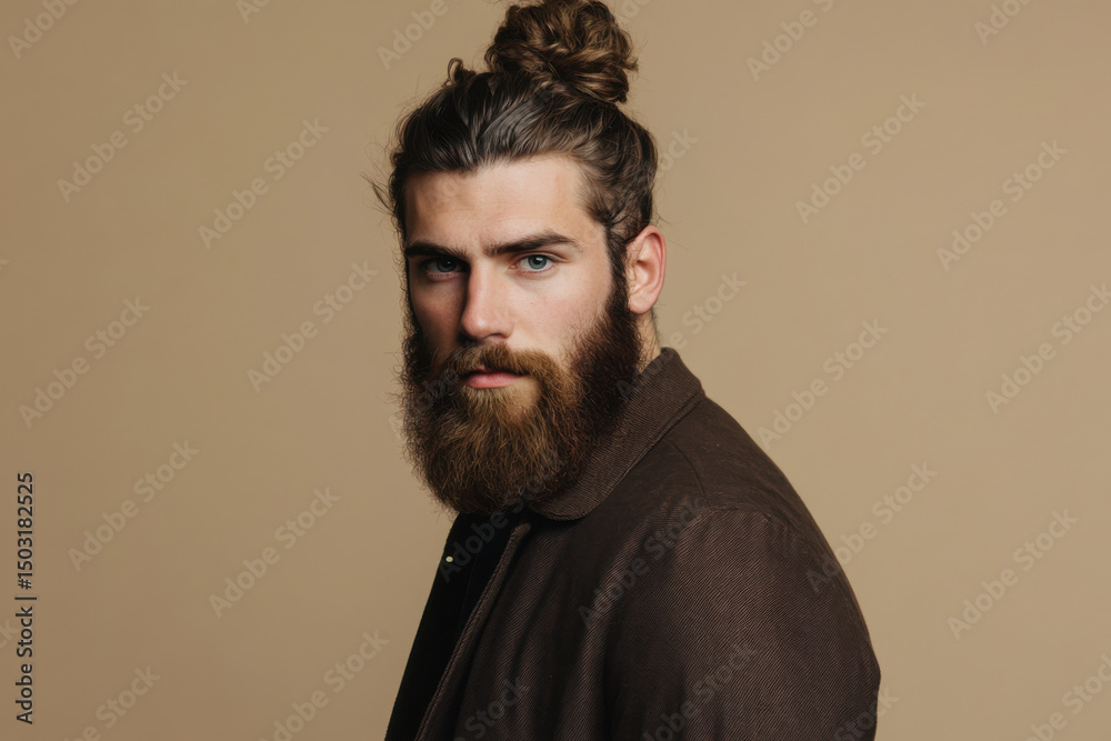 Obraz premium Bearded man with man bun wearing brown jacket posing on beige background