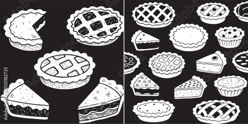  a black and white drawing of various pies and slices.