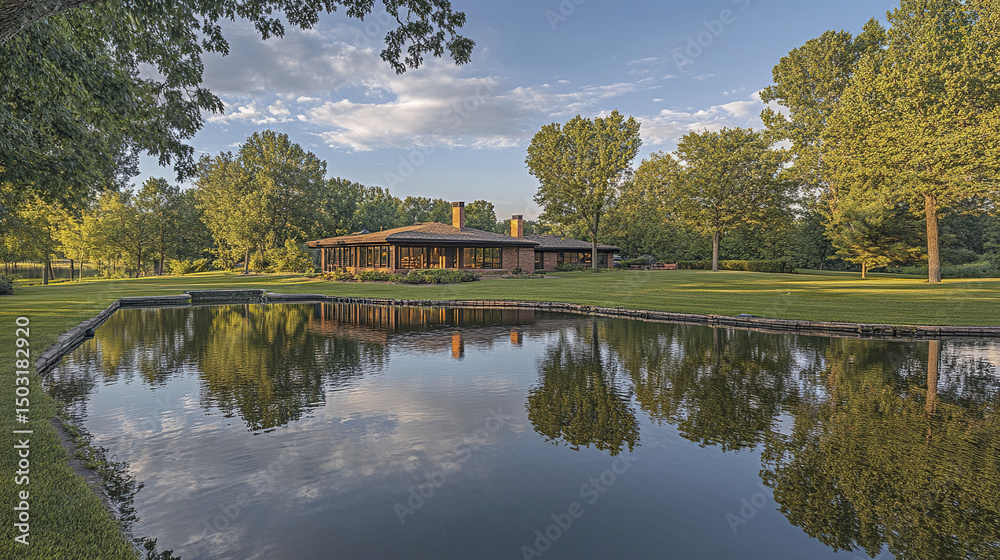 Obraz premium serene lakefront property with lush greenery and beautiful reflection in water