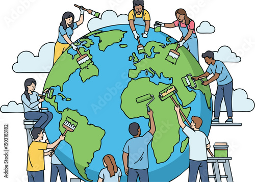 Collaborative Earth Renewal Diverse People Painting a Green Globe Vector