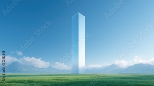 lone skyscraper designed as transparent glass monolith rises from green landscape artfully blending urban sophistication