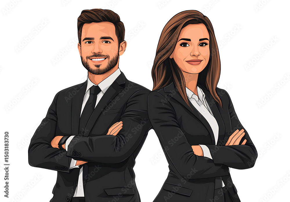A smiling business man and woman in suits standing with arms crossed, looking at the camera, isolated on a black background A smiling business man and woman in suits standing with arms crossed, looking at the camera, isolated on a black background