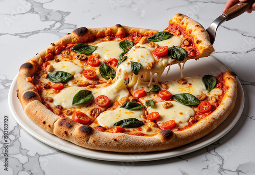 Freshly Baked Pizza with Stretching Cheese on Marble Surface