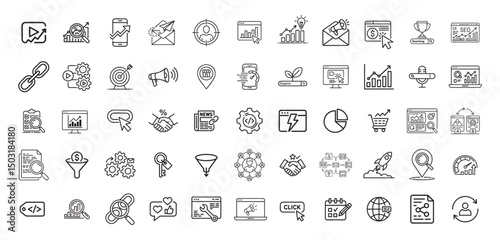 set of seo and digital marketing icons, online strategy symbol for web optimization and internet promotions