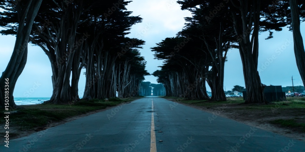 Naklejka premium Serene coastal drive through cypress trees california landscape photography tranquil environment wide angle view nature's beauty