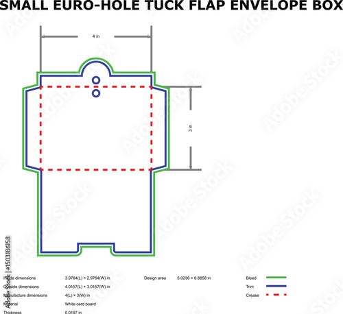 Small euro-hole tuck flap envelope box diecut template