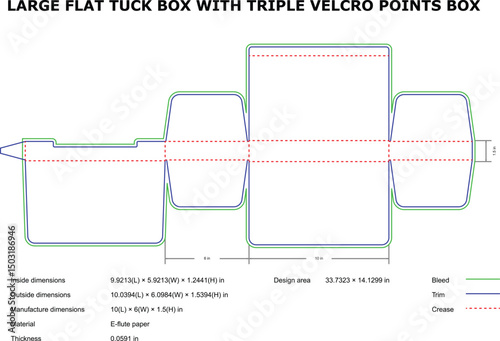 Large flat tuck box diecut template triple velcro points