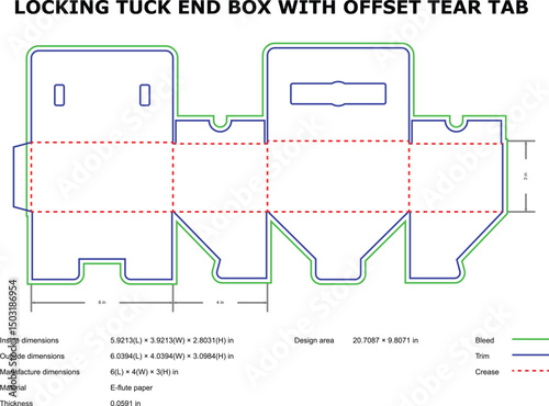 Locking tuck end box diecut template offset tear tab design