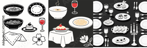 A vector graphic collection of dining elements in black and white: bowls, plates, wine glasses, desserts, and cutlery arranged in various settings, ideal for restaurant themes.