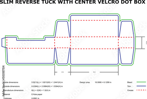 Slim reverse tuck box diecut template center velcro dot