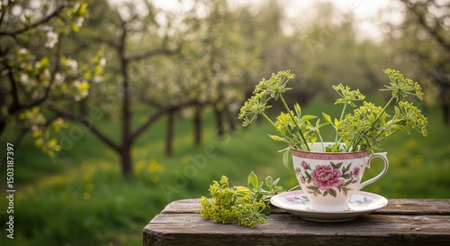Enchanting teacup still life with herbs in an orchard, evoking a sense of peaceful serenity