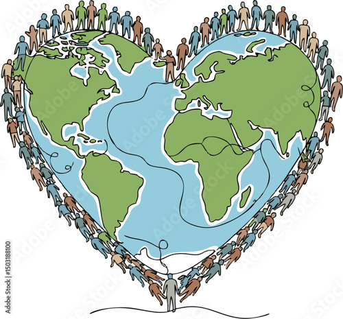 Global Unity Humanity Forming a HeartShaped World Vector