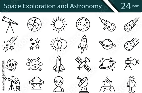 Space Exploration and Astronomy Line Icon Set.
