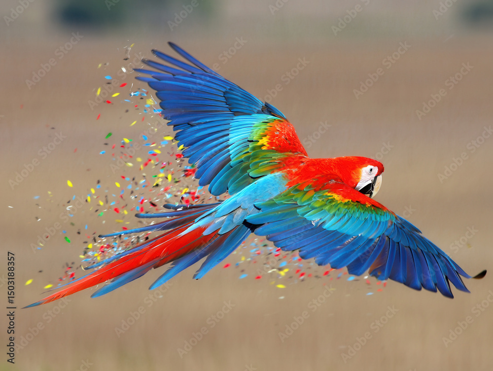 Obraz premium Tropical Bird in Flight: Red Macaw with Shimmering Effect