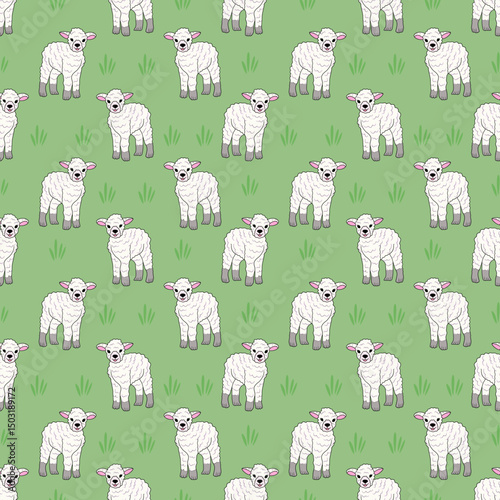 Cute lamb pattern on green background.
