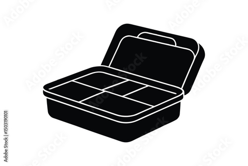 Silhouette art illustration of an open lunch box showing compartments.eps