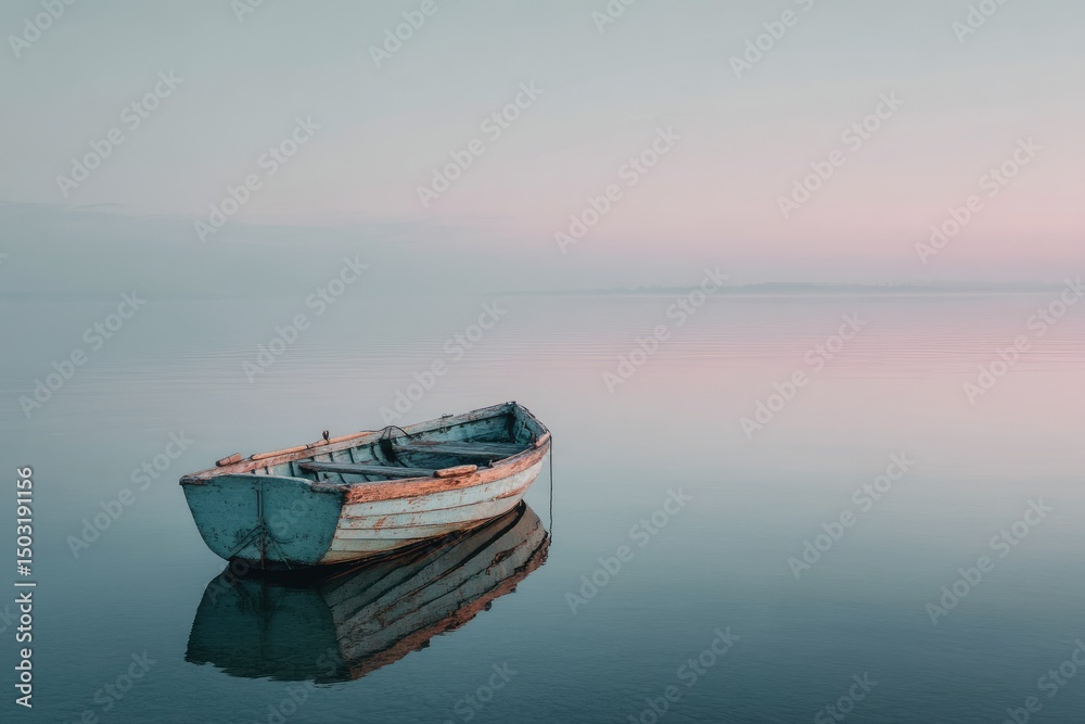 Naklejka premium Calm, tranquil lake scene with a weathered rowboat