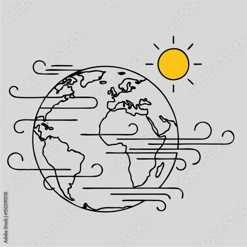 Simple Line Art Earth Globe with Sun and Wind Currents Vector