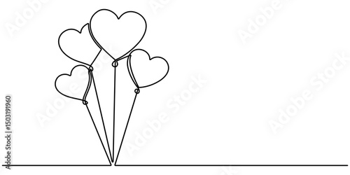 Balloon hearts, Continuous line drawing heart air balloon. one line heart balloon. one line art. symbol of love logo. vector illustration with background editable stroke. 