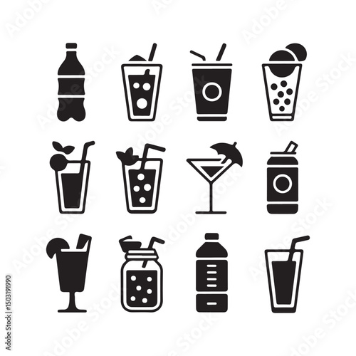 A set of black and white icons representing different types of beverages on white