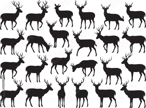 Multiple Black Silhouettes of Deer in Various Poses on White Background