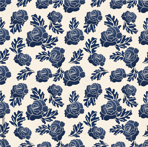 A seamless vector floral pattern featuring navy blue roses and leaves on a soft cream background. Perfect for textiles, wallpapers, packaging, and fabric designs. hand-drawn 