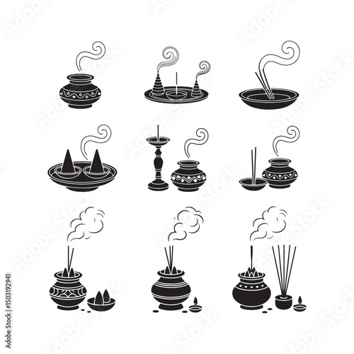 This set of nine black and white silhouettes depicts various traditional Indian incense holders and offerings, ideal for use in religious contexts, illustrations, or design elements on white