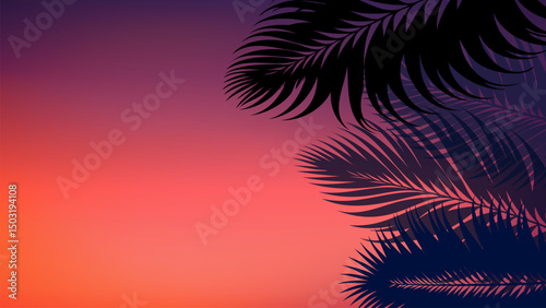 Blurred silhouette of tropical palm leaves against a vibrant sunset sky, warm pink, orange, and deep purple gradient, soft dreamy summer background