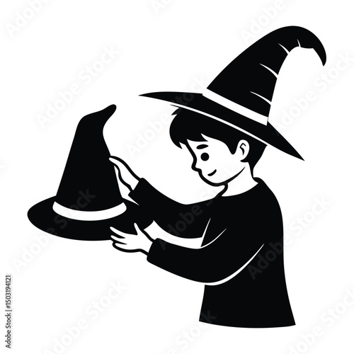 Halloween witch hat, Halloween party costume elements flat vector illustrations, Wizard spooky hats, black hat isolated