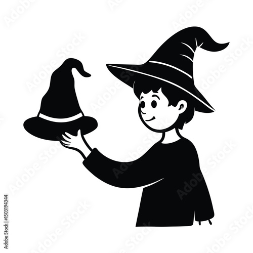 Halloween witch hat, Halloween party costume elements flat vector illustrations, Wizard spooky hats, black hat isolated