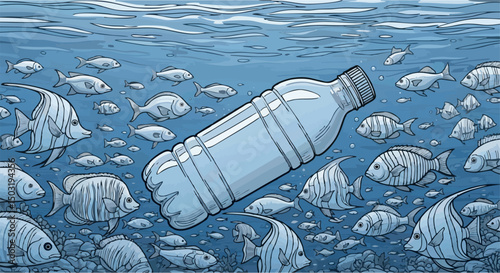 Submerged Plastic Bottle Amidst a School of Fish Vector