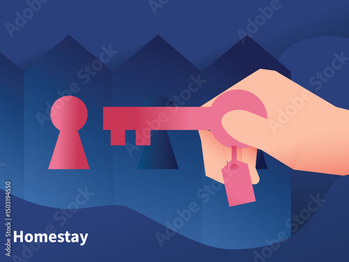 Hand holding key to open entrance door. Silhouette color style illustration.
