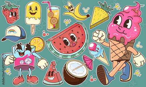Set of cartoon summer stickers in retro 90s style. Summer party, vacation, beach season, ice cream, sun, cocktails. Bright groovy funky summer elements and shapes. Sticker pack of patches
