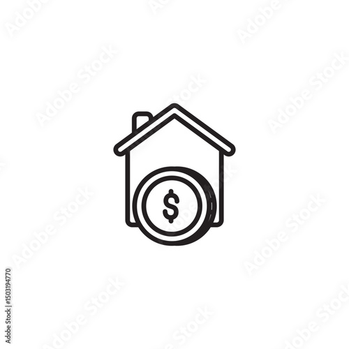 A black outline icon of a house with a large dollar coin or currency symbol beneath it, representing home finance, investment, or property value.