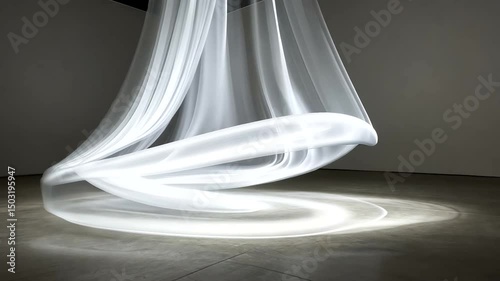 Ethereal Fabric White curtains descend, softly draping with light highlighting the floor in an otherwise monochrome scene