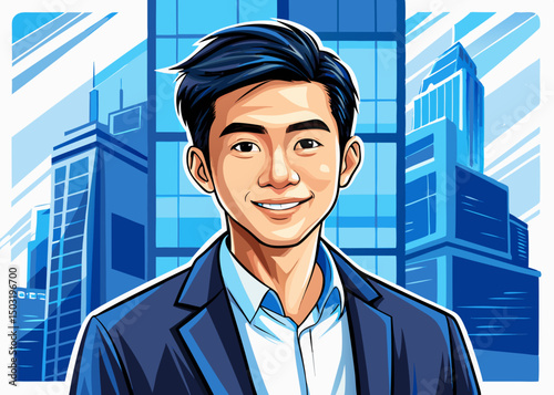 Business and career man, young asian man vector, professional entrepreneur standing in office clothes illustration