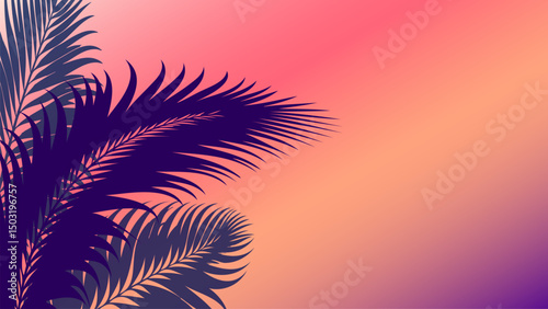 Blurred silhouette of tropical palm leaves against a vibrant sunset sky, warm pink, orange, and deep purple gradient, soft dreamy summer background
