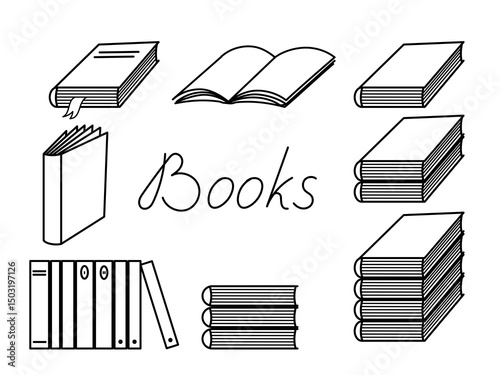 Minimal black outline books set, stack of books, open and closed book with bookmark, vector illustration for education, library, reading concept