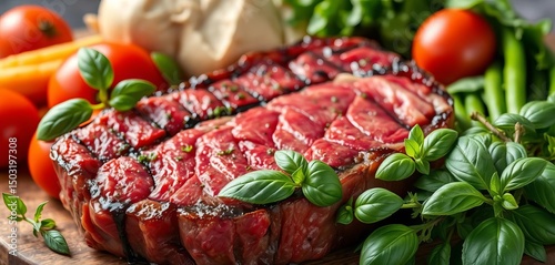 Juicy raw porterhouse steak beside vibrant fresh vegetables and basil sprigs, preparation, vibrant