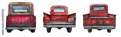 Set of various red back of rustic truck isolated on transparent background