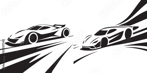 A black and white vector  graphic depicts two stylized race cars speeding towards each other, with dynamic lines suggesting motion.