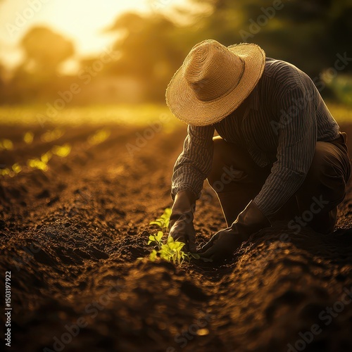 Farmer with straw hat and gloves planting seedlings in neat rows with focused mood against sunlit farmland backdrop