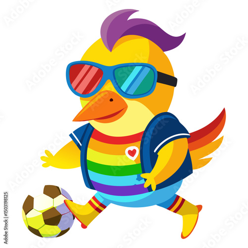 A Duck wearing rainbow-colored sunglasses plays football 